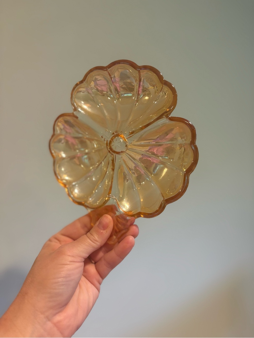 vintage Jeannette Glass clover-shaped carnival glass dish